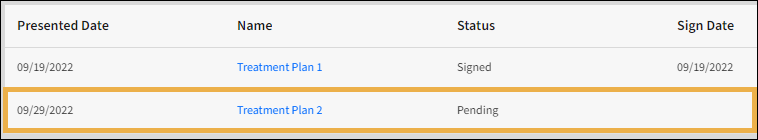 View treatment plans with yellow highlight around a Pending treatment plan.